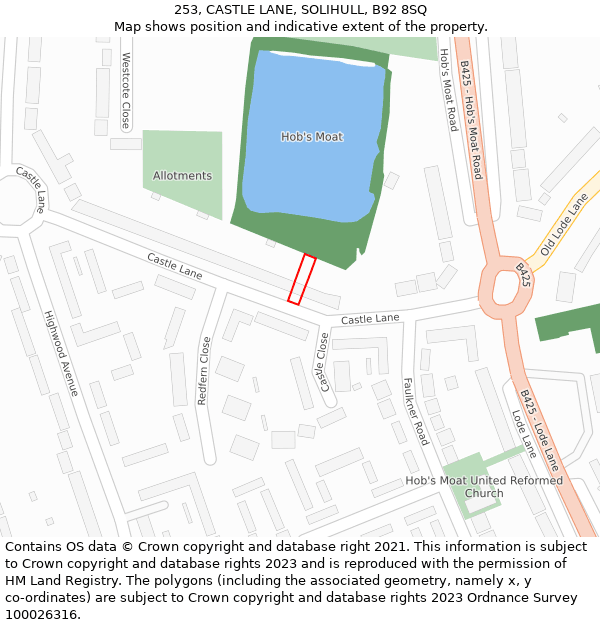 253, CASTLE LANE, SOLIHULL, B92 8SQ: Location map and indicative extent of plot