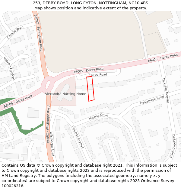 253, DERBY ROAD, LONG EATON, NOTTINGHAM, NG10 4BS: Location map and indicative extent of plot