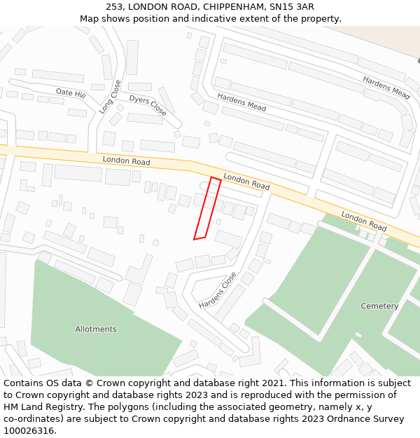 253, LONDON ROAD, CHIPPENHAM, SN15 3AR: Location map and indicative extent of plot