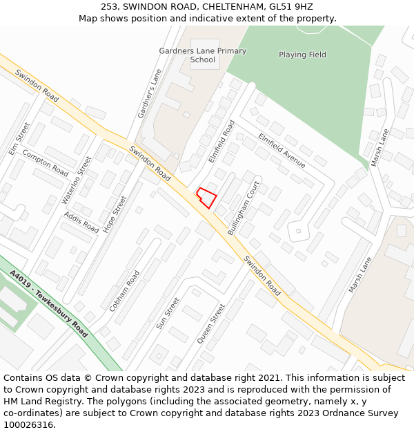 253, SWINDON ROAD, CHELTENHAM, GL51 9HZ: Location map and indicative extent of plot