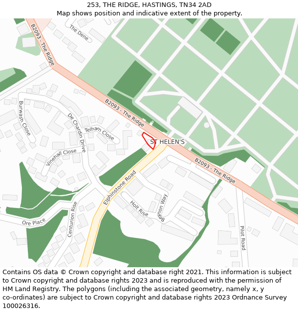 253, THE RIDGE, HASTINGS, TN34 2AD: Location map and indicative extent of plot