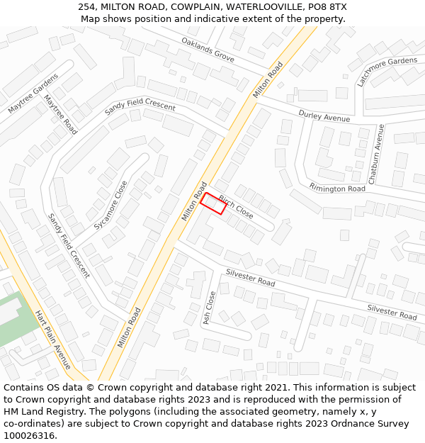 254, MILTON ROAD, COWPLAIN, WATERLOOVILLE, PO8 8TX: Location map and indicative extent of plot