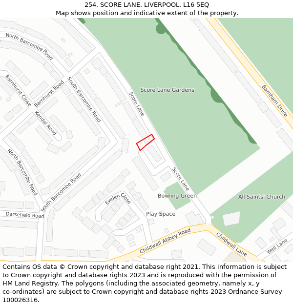 254, SCORE LANE, LIVERPOOL, L16 5EQ: Location map and indicative extent of plot