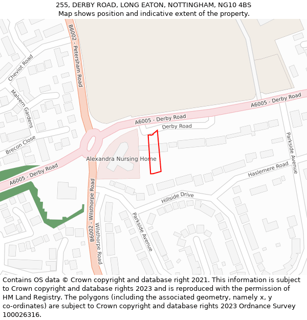 255, DERBY ROAD, LONG EATON, NOTTINGHAM, NG10 4BS: Location map and indicative extent of plot