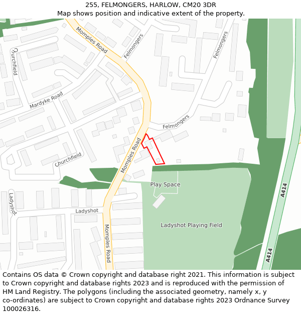 255, FELMONGERS, HARLOW, CM20 3DR: Location map and indicative extent of plot