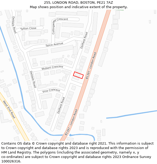 255, LONDON ROAD, BOSTON, PE21 7AZ: Location map and indicative extent of plot