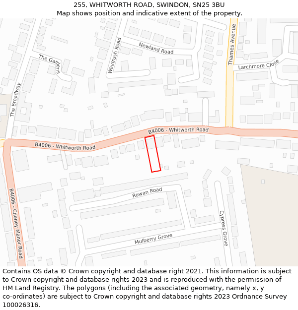 255, WHITWORTH ROAD, SWINDON, SN25 3BU: Location map and indicative extent of plot