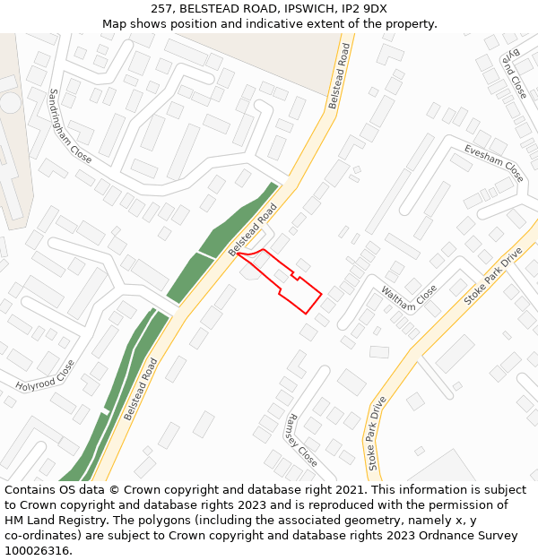 257, BELSTEAD ROAD, IPSWICH, IP2 9DX: Location map and indicative extent of plot