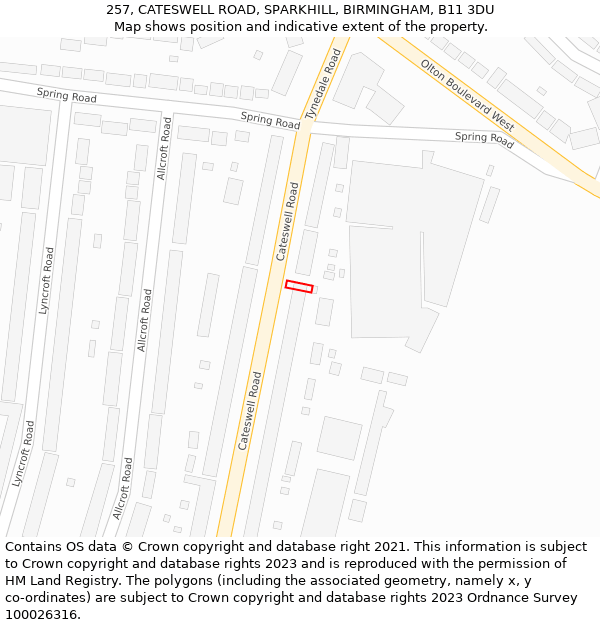 257, CATESWELL ROAD, SPARKHILL, BIRMINGHAM, B11 3DU: Location map and indicative extent of plot