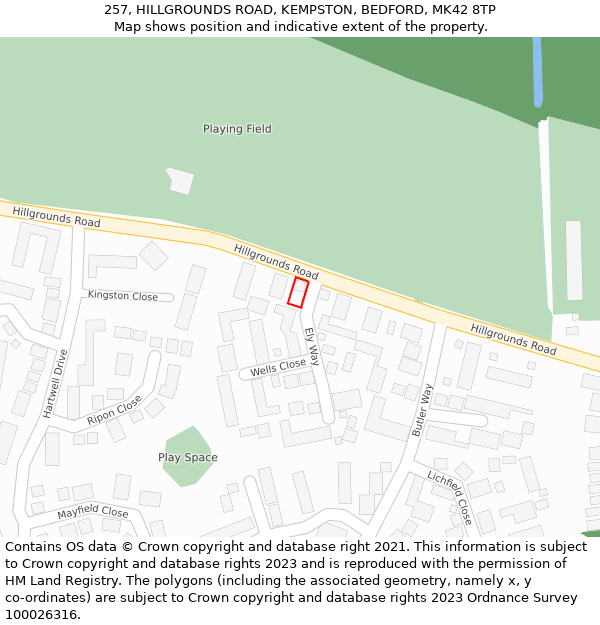 257, HILLGROUNDS ROAD, KEMPSTON, BEDFORD, MK42 8TP: Location map and indicative extent of plot