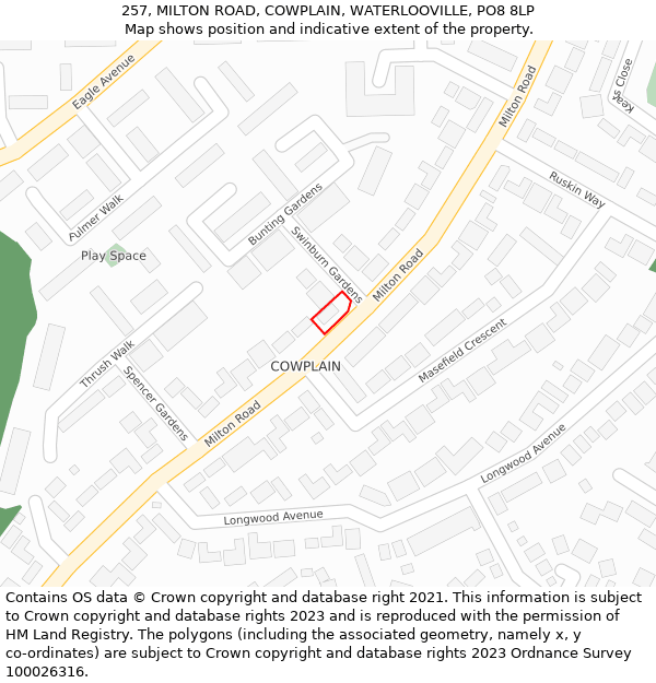 257, MILTON ROAD, COWPLAIN, WATERLOOVILLE, PO8 8LP: Location map and indicative extent of plot