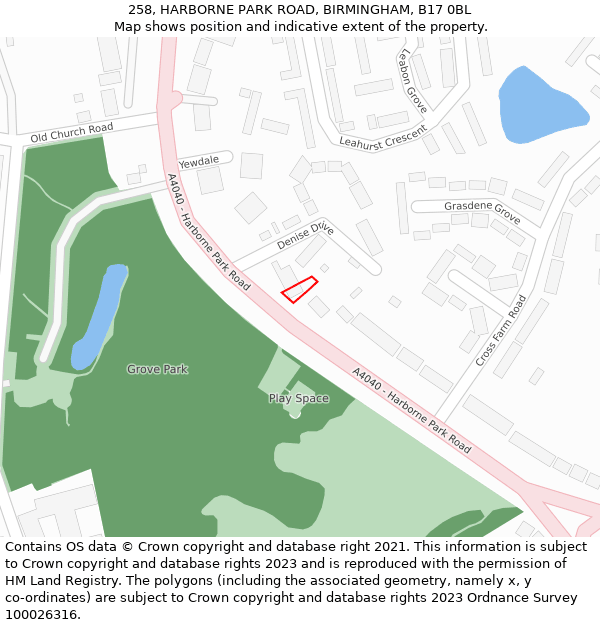 258, HARBORNE PARK ROAD, BIRMINGHAM, B17 0BL: Location map and indicative extent of plot