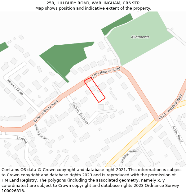 258, HILLBURY ROAD, WARLINGHAM, CR6 9TP: Location map and indicative extent of plot