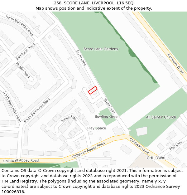258, SCORE LANE, LIVERPOOL, L16 5EQ: Location map and indicative extent of plot