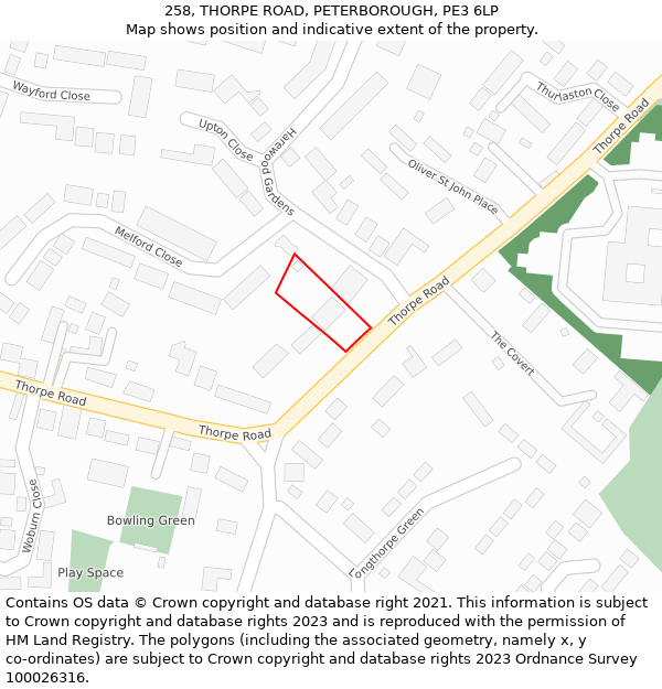 258, THORPE ROAD, PETERBOROUGH, PE3 6LP: Location map and indicative extent of plot