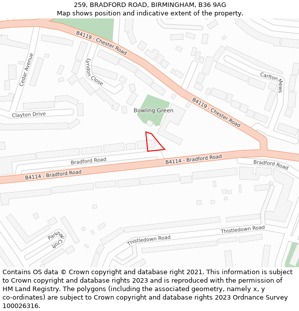 259, BRADFORD ROAD, BIRMINGHAM, B36 9AG: Location map and indicative extent of plot