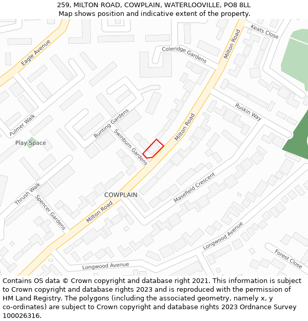 259, MILTON ROAD, COWPLAIN, WATERLOOVILLE, PO8 8LL: Location map and indicative extent of plot