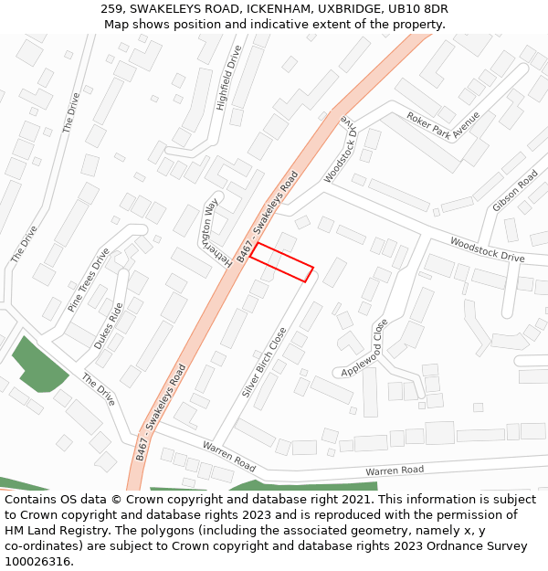 259, SWAKELEYS ROAD, ICKENHAM, UXBRIDGE, UB10 8DR: Location map and indicative extent of plot