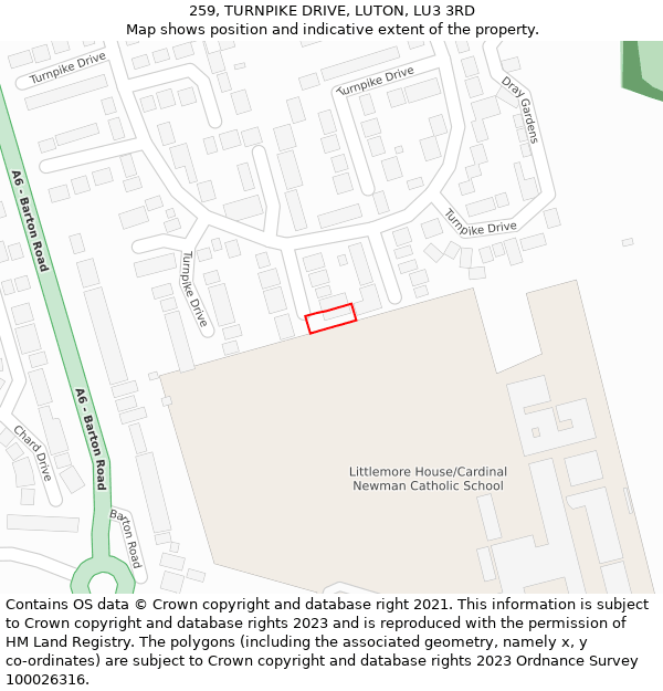 259, TURNPIKE DRIVE, LUTON, LU3 3RD: Location map and indicative extent of plot