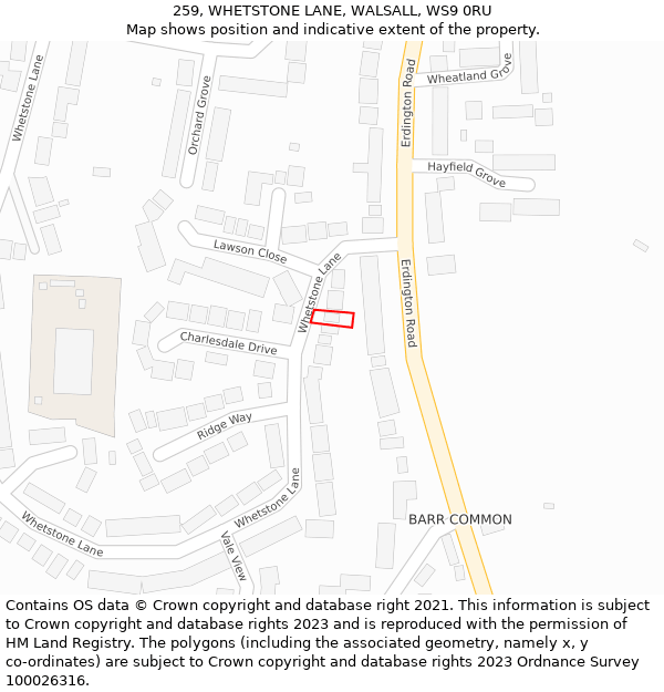 259, WHETSTONE LANE, WALSALL, WS9 0RU: Location map and indicative extent of plot