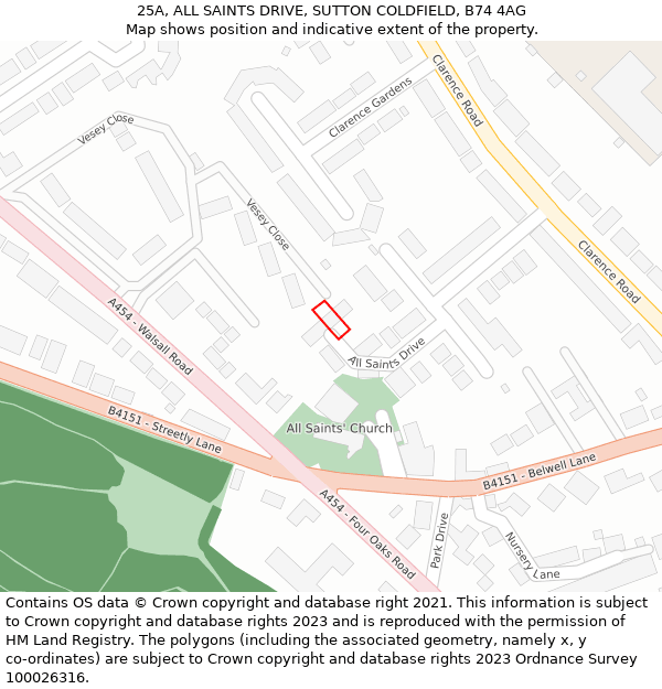 25A, ALL SAINTS DRIVE, SUTTON COLDFIELD, B74 4AG: Location map and indicative extent of plot