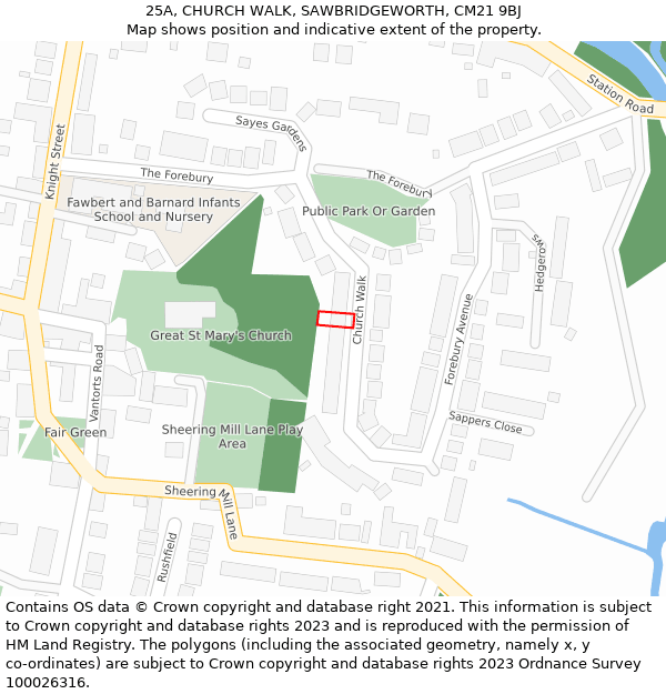 25A, CHURCH WALK, SAWBRIDGEWORTH, CM21 9BJ: Location map and indicative extent of plot