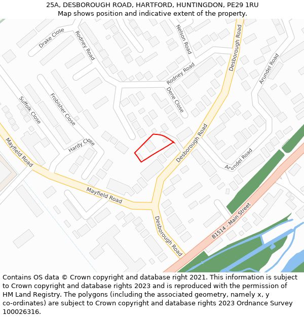 25A, DESBOROUGH ROAD, HARTFORD, HUNTINGDON, PE29 1RU: Location map and indicative extent of plot