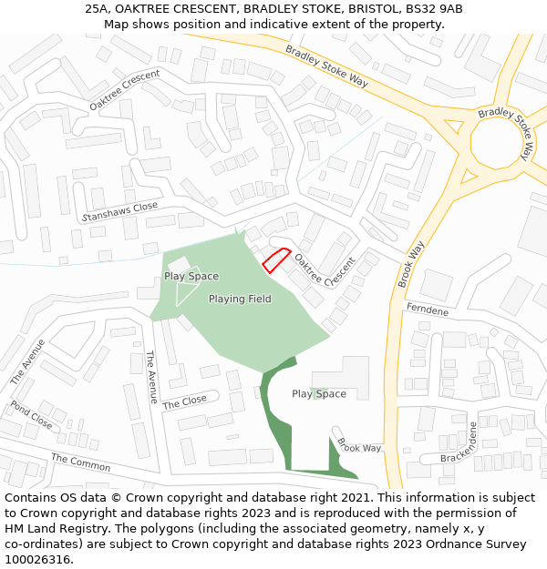 25A, OAKTREE CRESCENT, BRADLEY STOKE, BRISTOL, BS32 9AB: Location map and indicative extent of plot