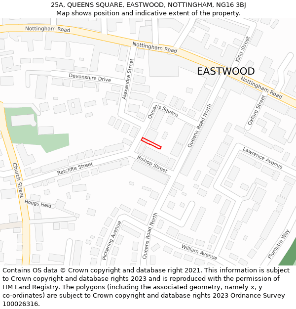 25A, QUEENS SQUARE, EASTWOOD, NOTTINGHAM, NG16 3BJ: Location map and indicative extent of plot