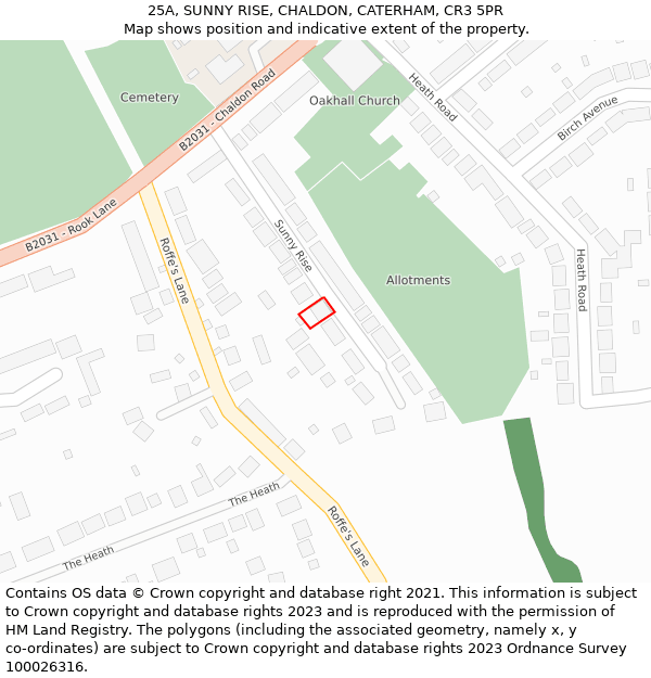 25A, SUNNY RISE, CHALDON, CATERHAM, CR3 5PR: Location map and indicative extent of plot