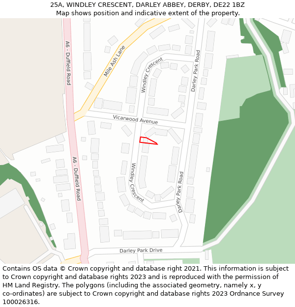 25A, WINDLEY CRESCENT, DARLEY ABBEY, DERBY, DE22 1BZ: Location map and indicative extent of plot