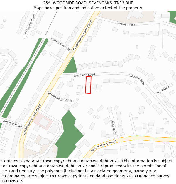25A, WOODSIDE ROAD, SEVENOAKS, TN13 3HF: Location map and indicative extent of plot