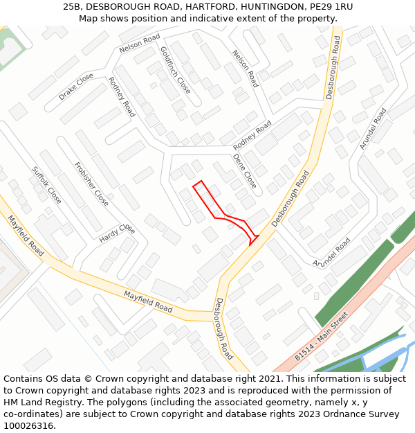 25B, DESBOROUGH ROAD, HARTFORD, HUNTINGDON, PE29 1RU: Location map and indicative extent of plot