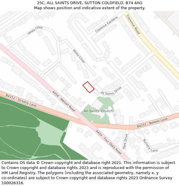 25C, ALL SAINTS DRIVE, SUTTON COLDFIELD, B74 4AG: Location map and indicative extent of plot
