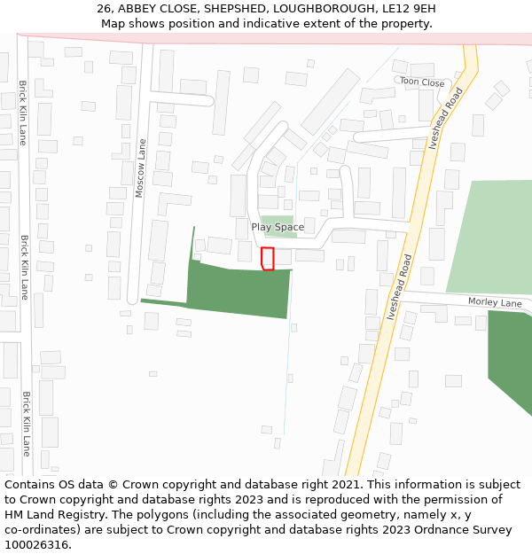 26, ABBEY CLOSE, SHEPSHED, LOUGHBOROUGH, LE12 9EH: Location map and indicative extent of plot