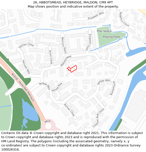 26, ABBOTSMEAD, HEYBRIDGE, MALDON, CM9 4PT: Location map and indicative extent of plot