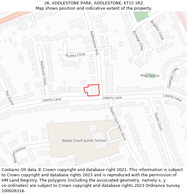 26, ADDLESTONE PARK, ADDLESTONE, KT15 1RZ: Location map and indicative extent of plot