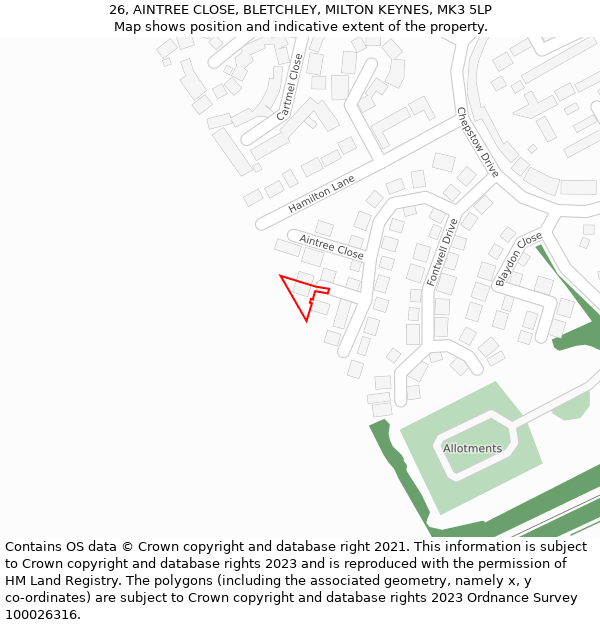 26, AINTREE CLOSE, BLETCHLEY, MILTON KEYNES, MK3 5LP: Location map and indicative extent of plot