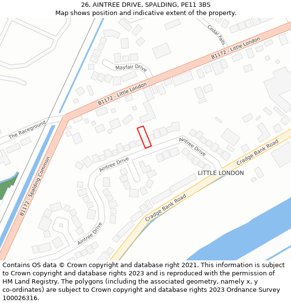 26, AINTREE DRIVE, SPALDING, PE11 3BS: Location map and indicative extent of plot