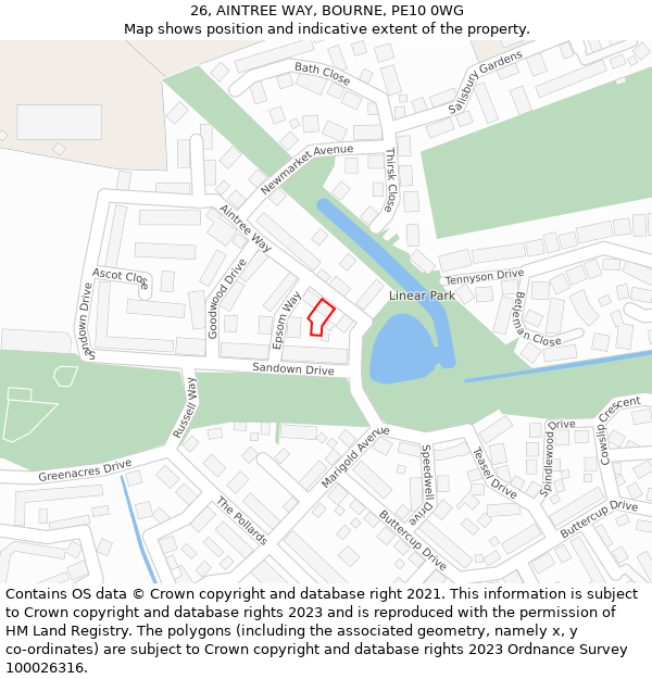 26, AINTREE WAY, BOURNE, PE10 0WG: Location map and indicative extent of plot