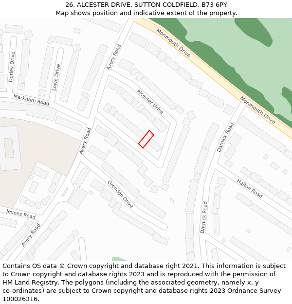 26, ALCESTER DRIVE, SUTTON COLDFIELD, B73 6PY: Location map and indicative extent of plot