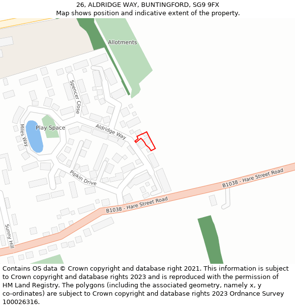 26, ALDRIDGE WAY, BUNTINGFORD, SG9 9FX: Location map and indicative extent of plot