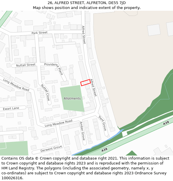 26, ALFRED STREET, ALFRETON, DE55 7JD: Location map and indicative extent of plot