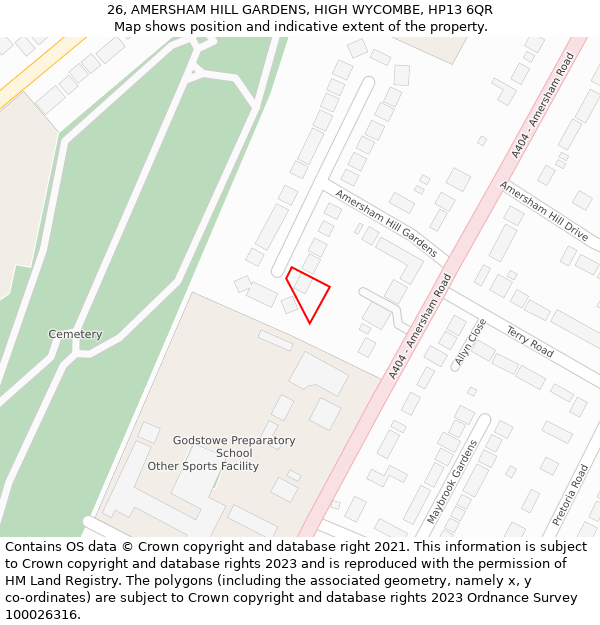 26, AMERSHAM HILL GARDENS, HIGH WYCOMBE, HP13 6QR: Location map and indicative extent of plot