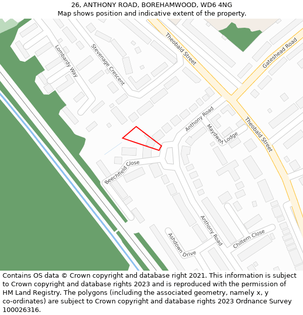 26, ANTHONY ROAD, BOREHAMWOOD, WD6 4NG: Location map and indicative extent of plot