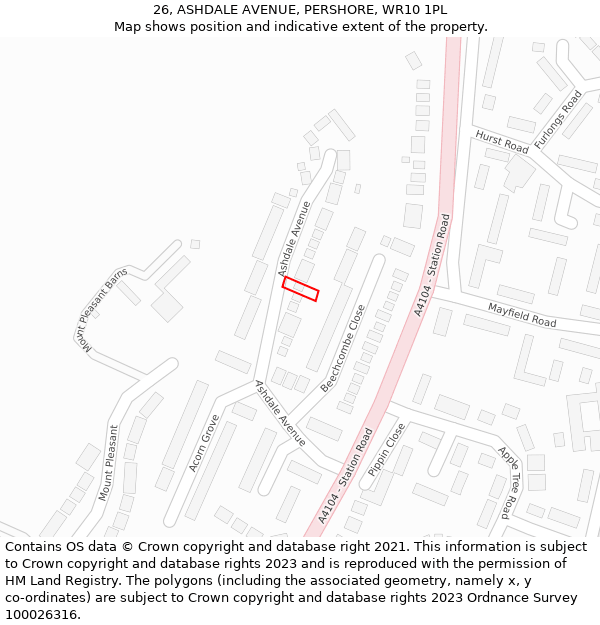 26, ASHDALE AVENUE, PERSHORE, WR10 1PL: Location map and indicative extent of plot