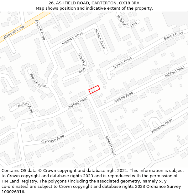 26, ASHFIELD ROAD, CARTERTON, OX18 3RA: Location map and indicative extent of plot