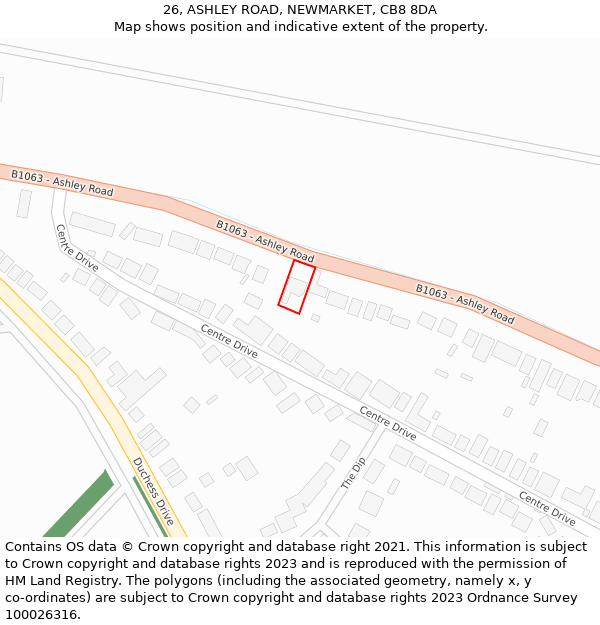 26, ASHLEY ROAD, NEWMARKET, CB8 8DA: Location map and indicative extent of plot