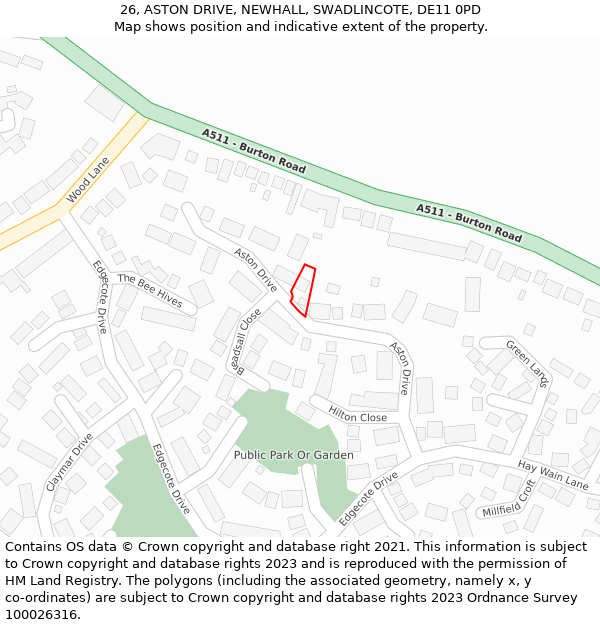 26, ASTON DRIVE, NEWHALL, SWADLINCOTE, DE11 0PD: Location map and indicative extent of plot