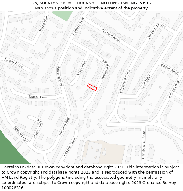 26, AUCKLAND ROAD, HUCKNALL, NOTTINGHAM, NG15 6RA: Location map and indicative extent of plot